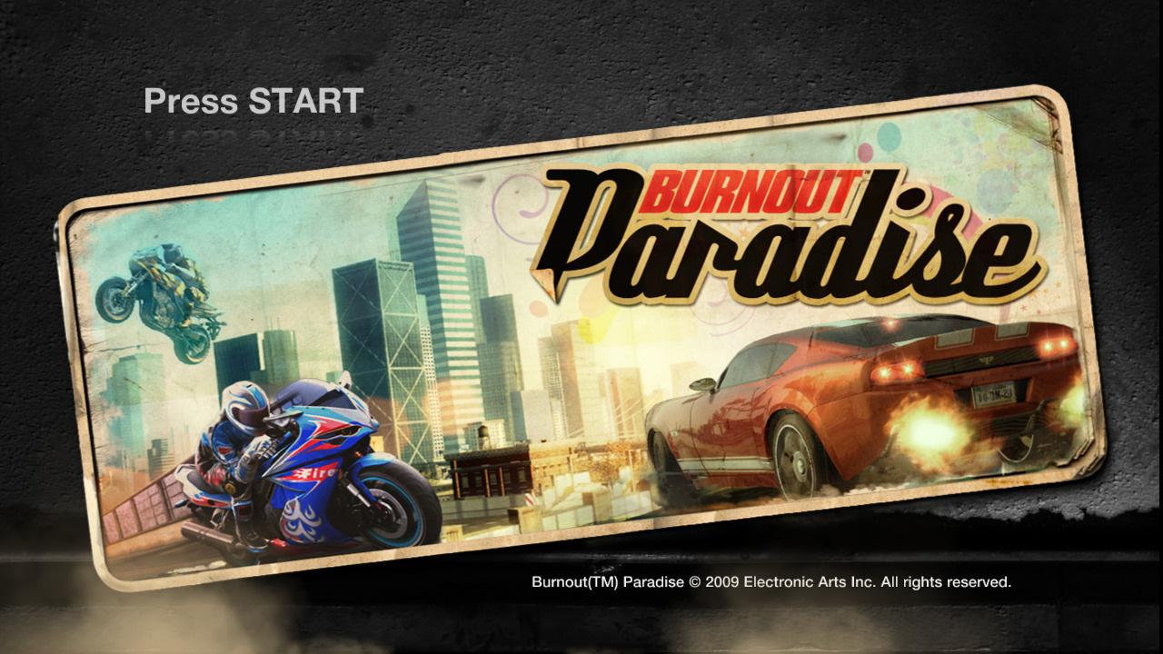 Burnout Paradise title screen for Xbox 360